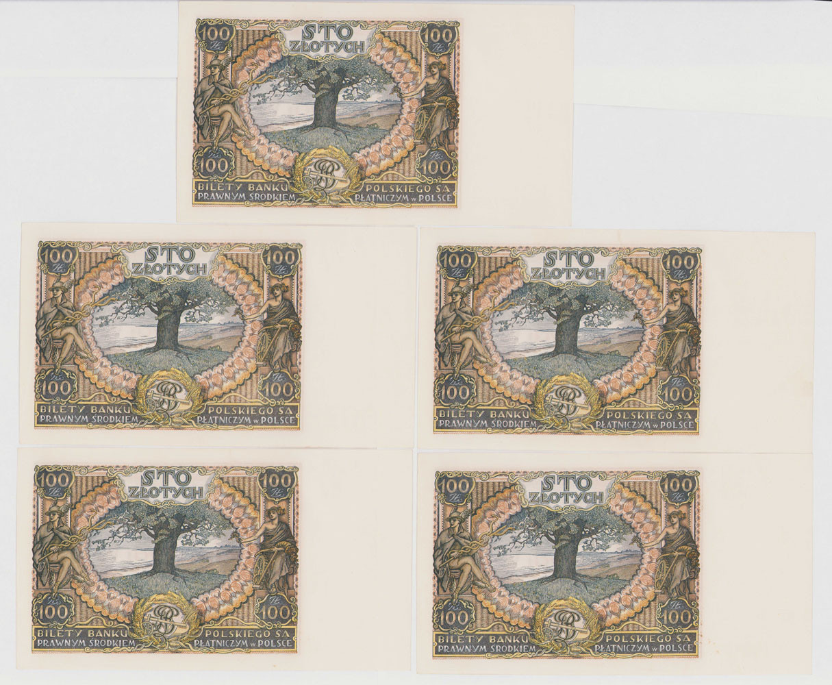 100 złotych 1934, seria CT, zestaw 5 sztuk